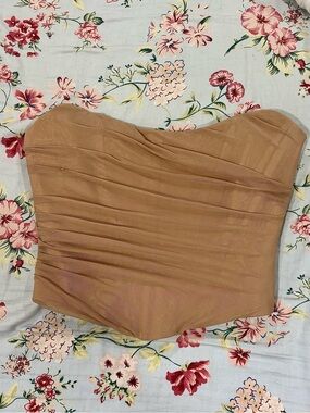 EVENUEL Nude Mesh Strapless Corset Top | Ruched Sheer Bustier | Small